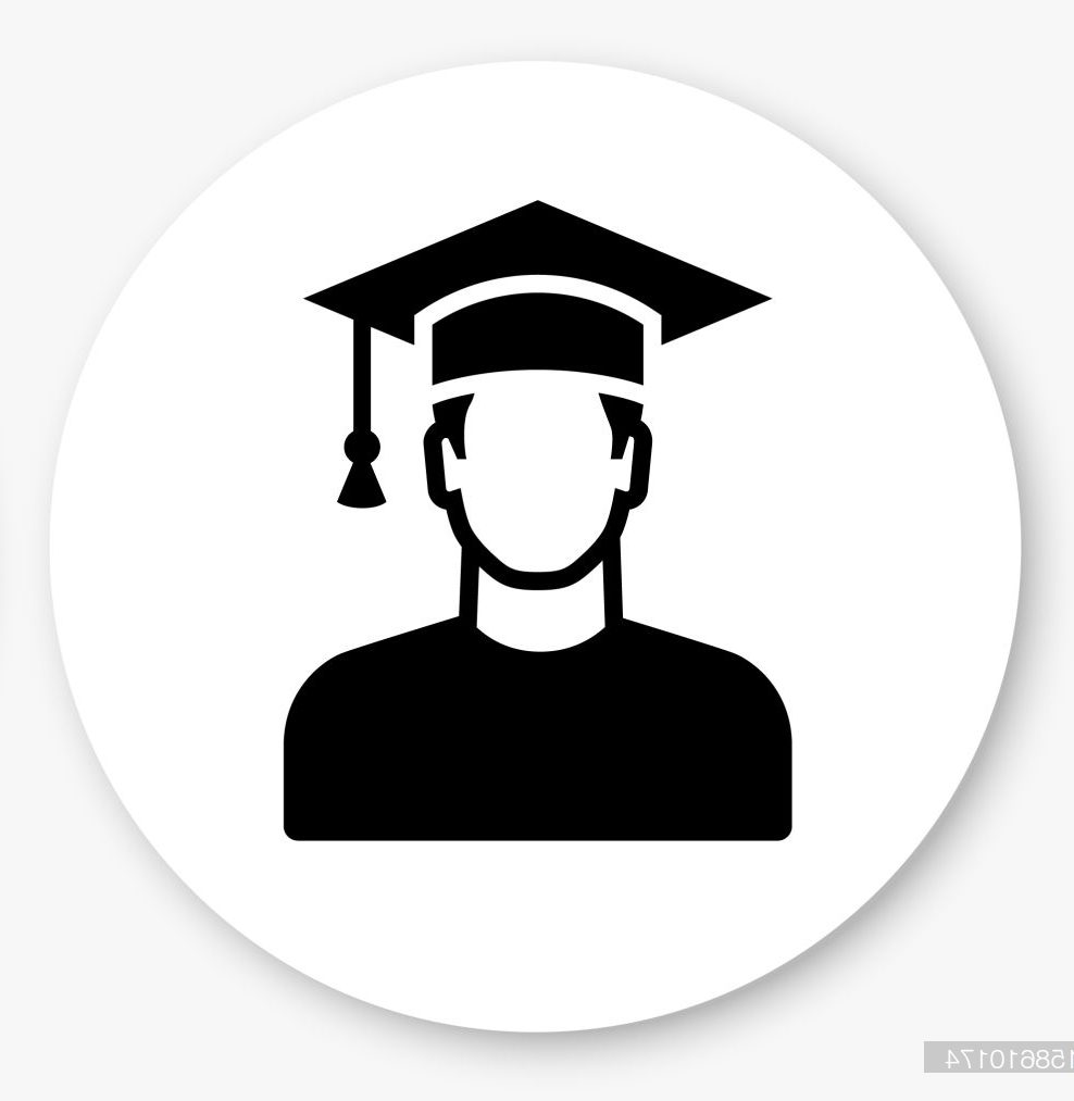 Graduating Man's Face Portrait Black and White Round Icon. This 100% royalty free vector illustration is featuring a round button with a drop shadow and the main icon is depicted in black and in grey for a roll-over effect.